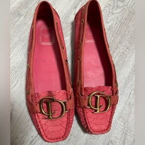 Christian Dior CD Logo Loafers Size 38 Coral Pink Leather Slip On Flats Women